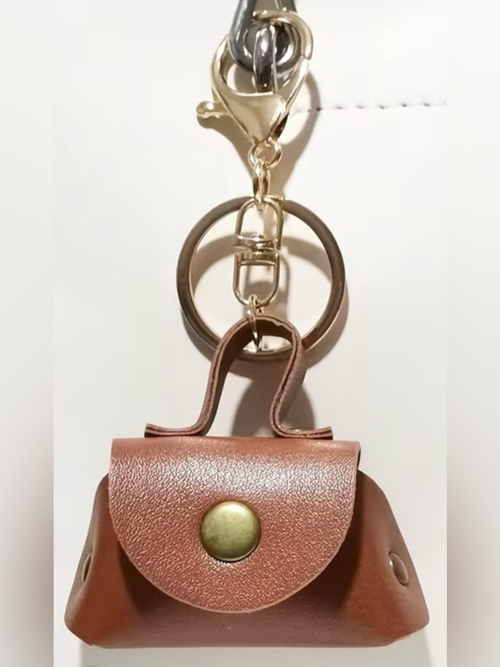 Brown Leather Mini Purse Keychain with Gold Hardware